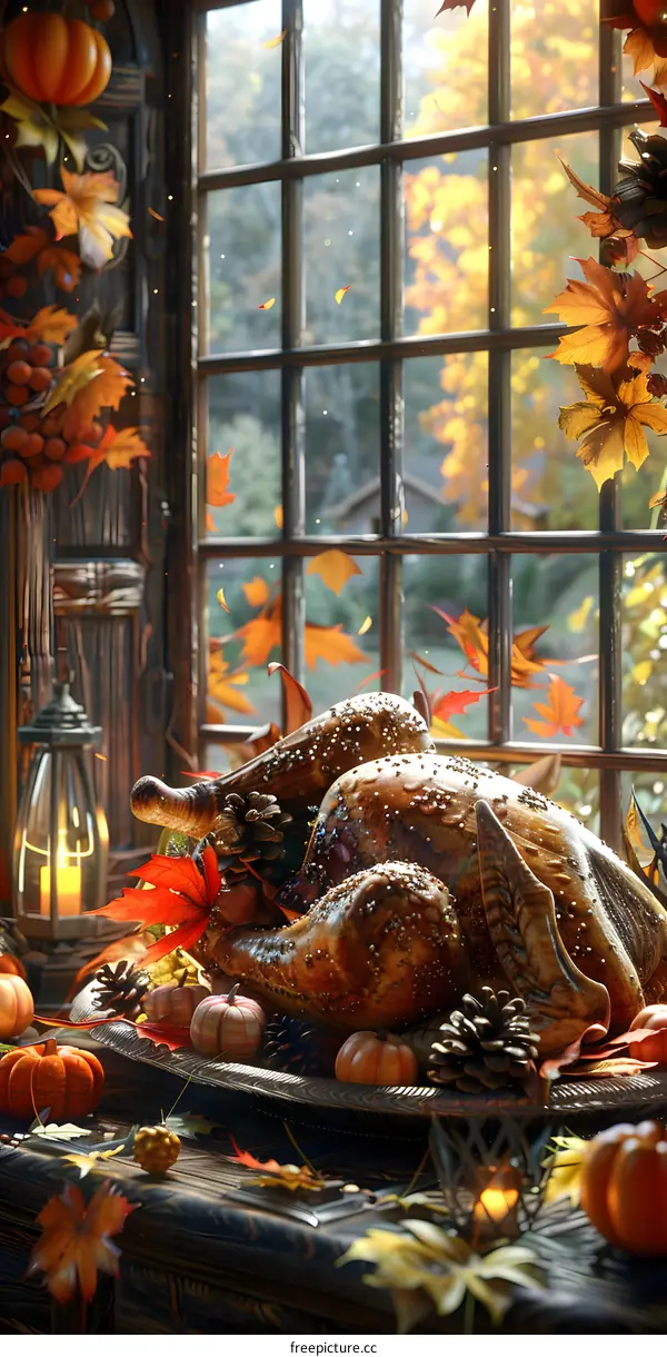 Thanksgiving turkey by the fireplace