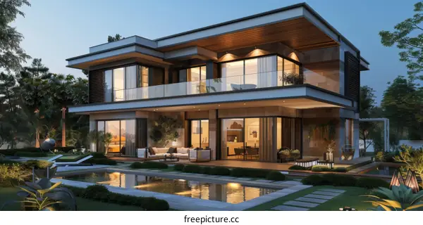 Modern Luxury Villa by the Poolside Evening Scene