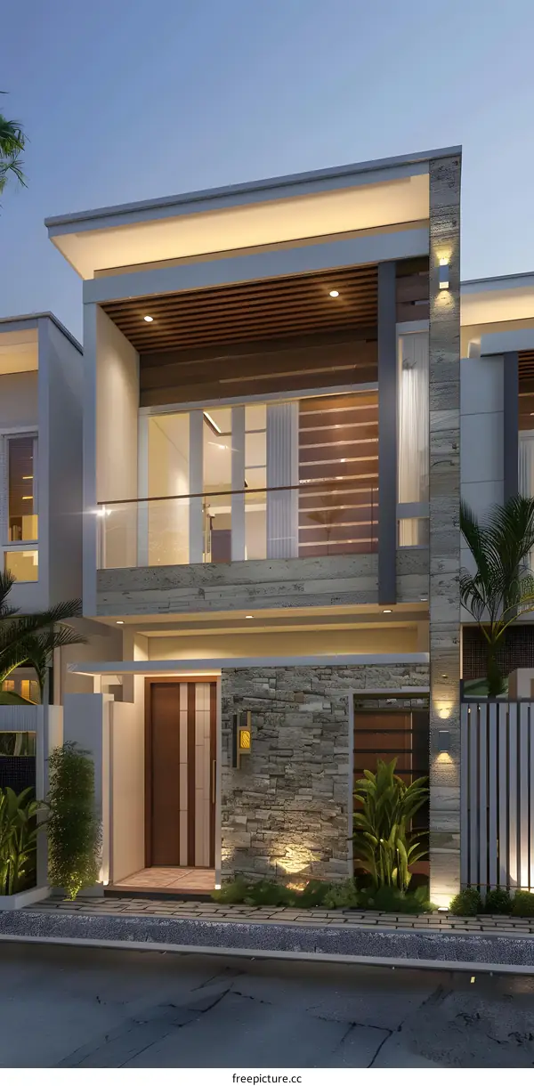 Modern Two Story House with Stone Wall and Balcony