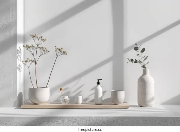 Minimalist Bathroom Shelf with Dried Eucalyptus and Skincare Products