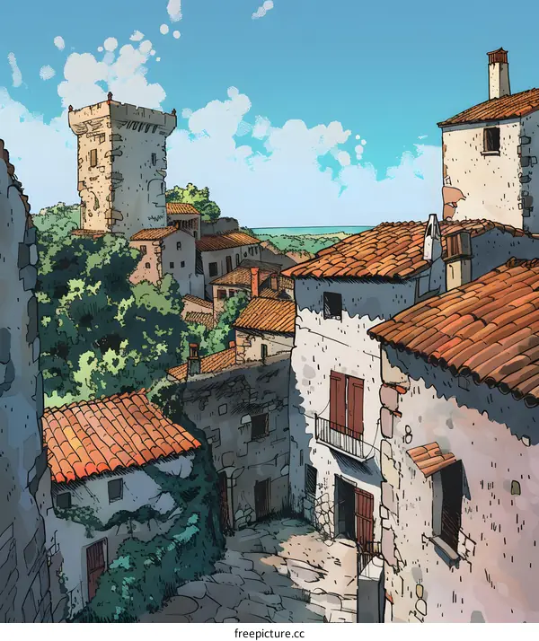European Village with Tower and Stone Buildings