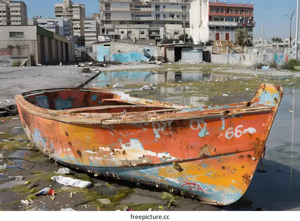 rusty boat in front of abandoned buildings