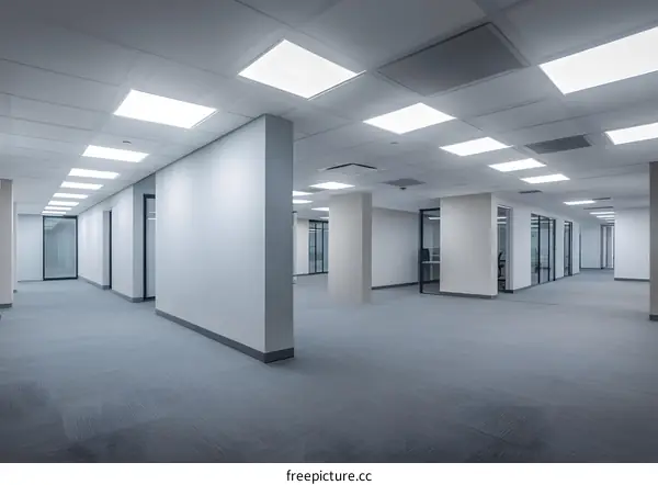 Empty Office Hallway with Glass Doors and White Walls