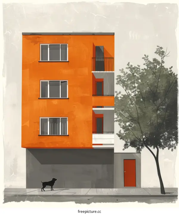 Apartment building with tree and dog in front