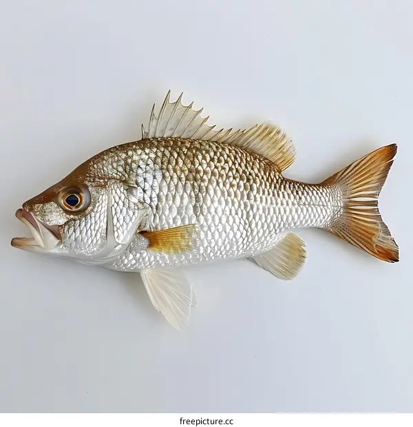 A large brown and silver fish with a yellow tail fin