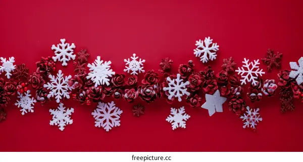 Red Christmas Background with Snowflakes and Roses