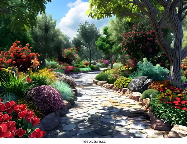 Stone path through a colorful garden