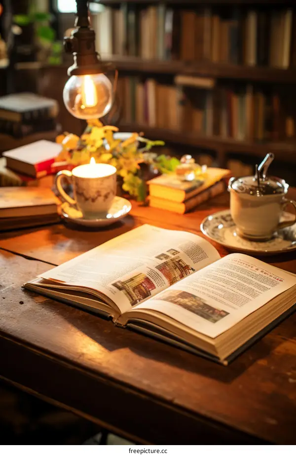 Vintage books and a cup of tea on a wooden table