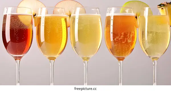 Five Glasses Of Sparkling Wine With Apple Slices And Pineapple