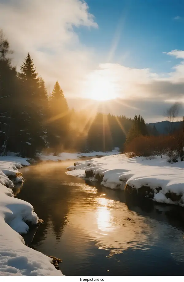 Sunlight over snow-covered river with trees in winter