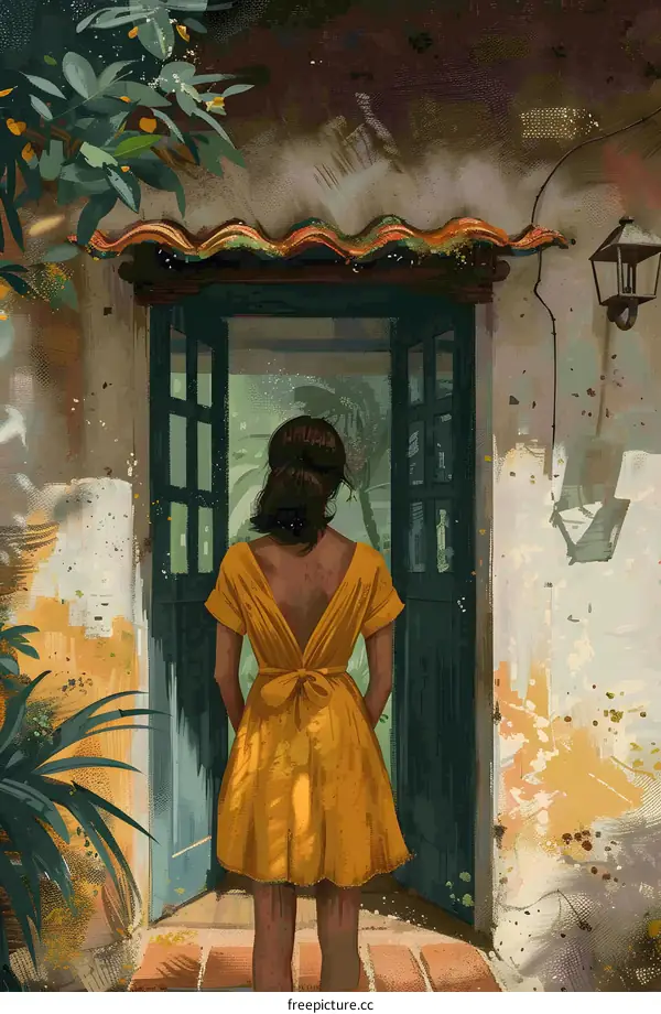Woman in Yellow Dress Standing in Doorway
