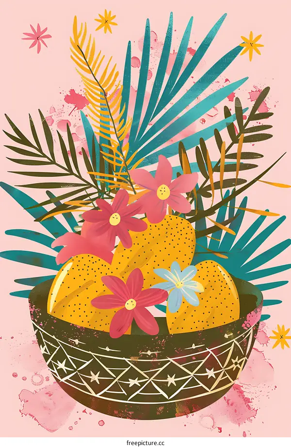 Tropical Fruits Illustration with Flowers in a Bowl