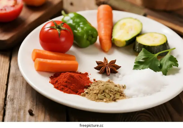 Fresh Vegetables and Spices Arranged on White Plate