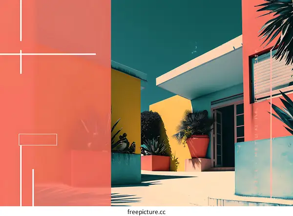 Modern Minimalist Architecture with Colorful Walls and Plants