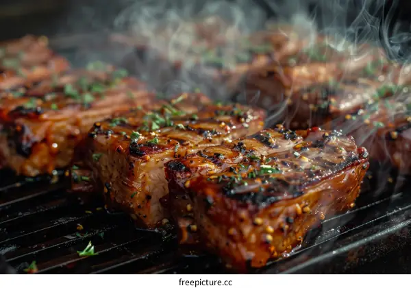 Grilled thick bacon steak with herbs