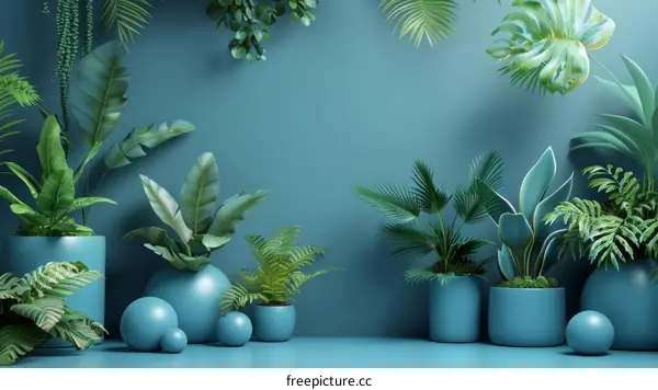 Tropical Plants In Teal Pots On Blue Background