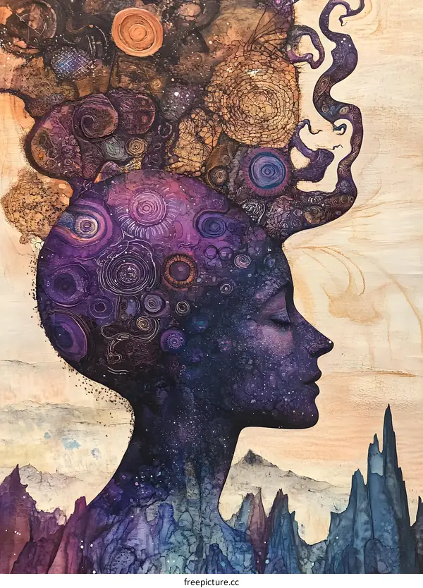 Abstract Watercolor Painting of a Woman With a Galaxy and Mountains