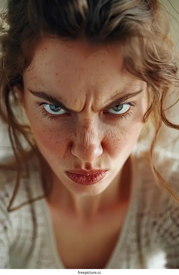 A close-up portrait of an angry young woman