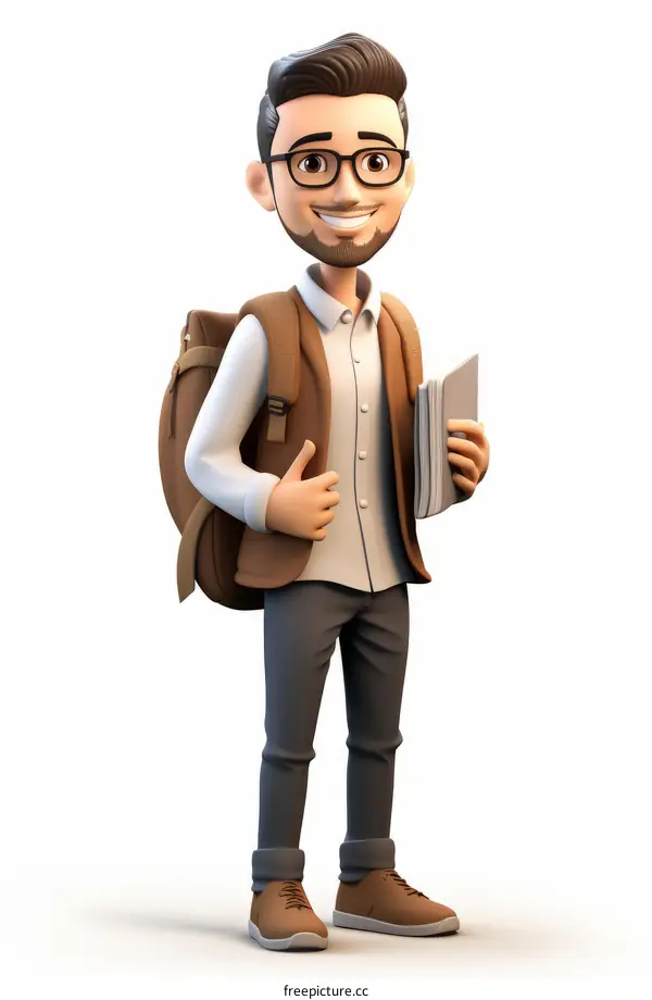 A cartoon character of a young man with a backpack and a book