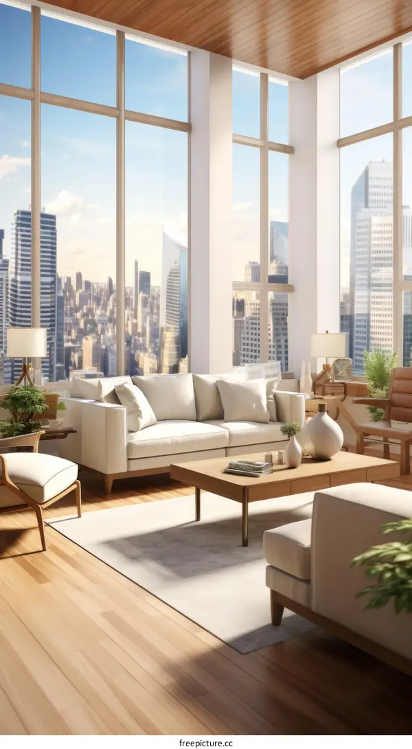 A modern living room with a large windows