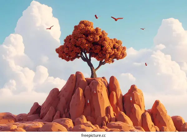 Autumn Tree on a Mountain Peak with Birds Flying in the Sky