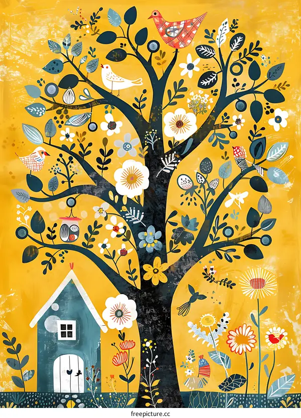 Colorful Tree with Birds and Flowers Illustration