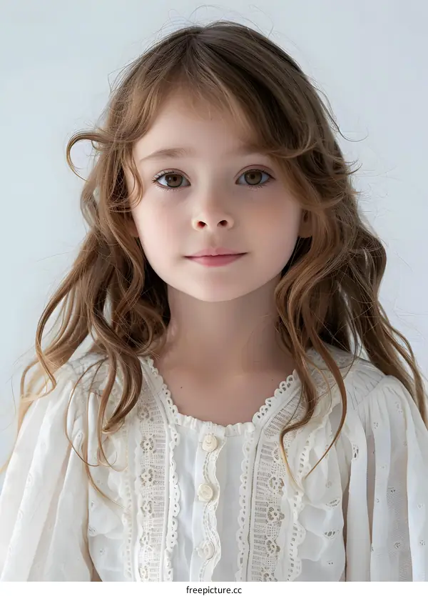 Portrait of a cute little girl with long brown hair wearing a white dress