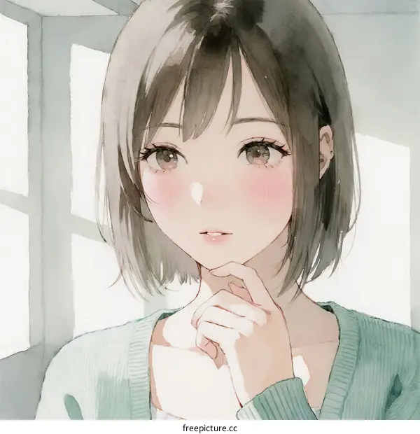 A young woman with short hair wearing a green sweater in a bright room