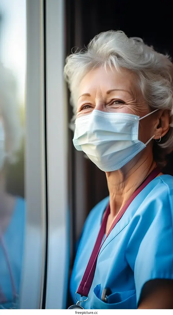 Portrait of a happy senior female nurse wearing a surgical mask