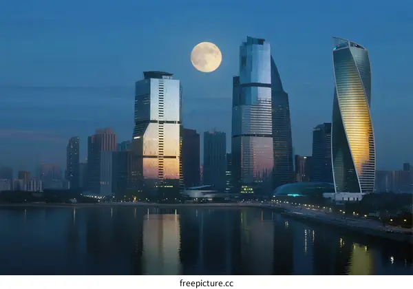 Full Moon Shining Over Modern City Skyscrapers at Night