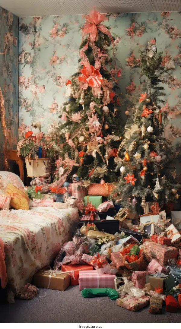 A bedroom with a lot of presents under a decorated Christmas tree