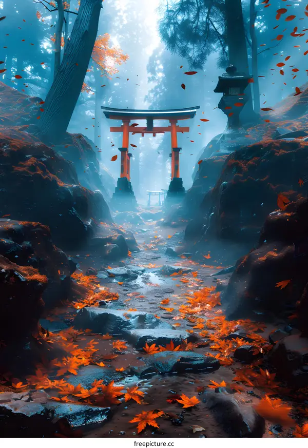 Mystical red torii gate in the middle of a foggy forest with orange leaves falling