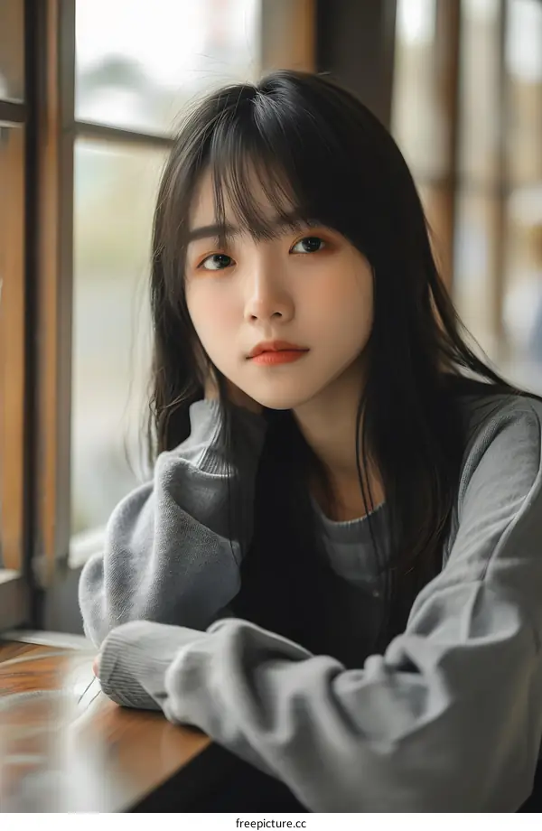 Portrait of a Young Woman with Long Black Hair