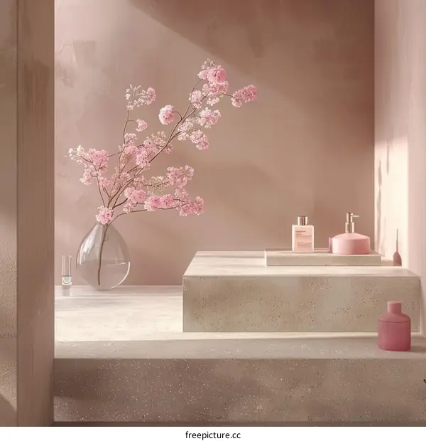 Minimalist home decor with pink flowers in a vase on a podium