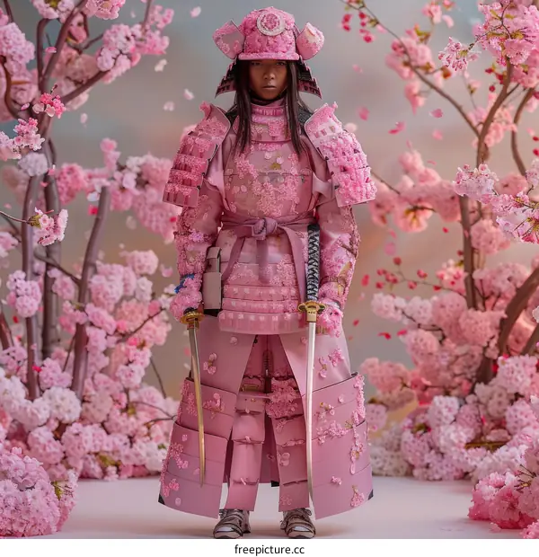 Black female samurai in pink cherry blossom samurai armor