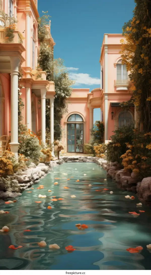 A beautiful pink villa with a long pool in the middle