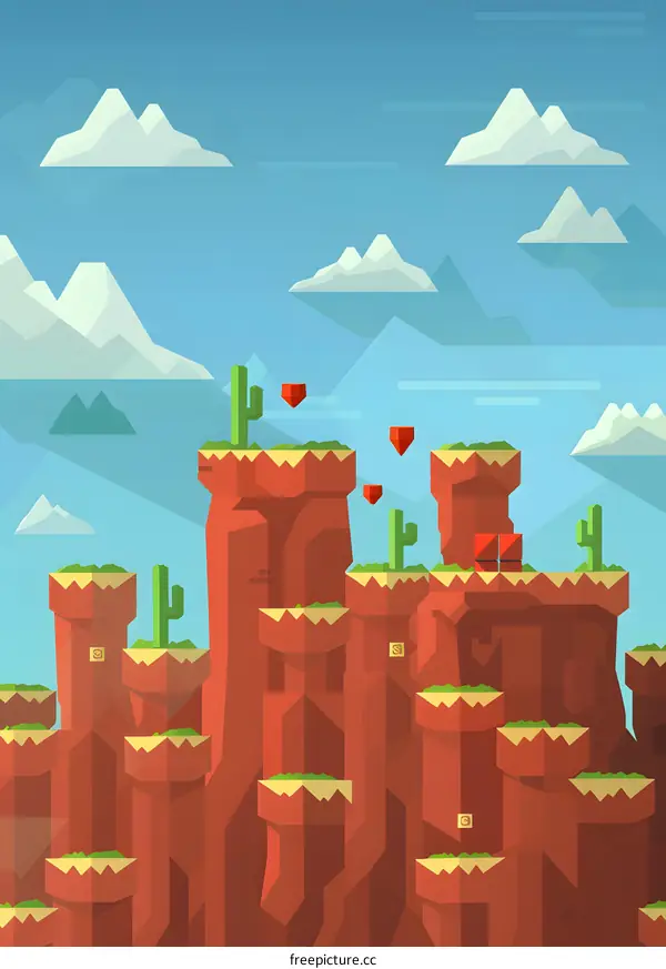 Low Poly Desert Landscape with Cacti and Mountains