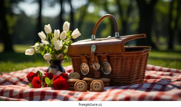 picnic in the park with a basket of cookies and flowers
