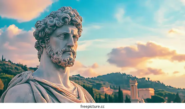 Close Up of a Marble Statue of a Man with a Beard Against a Cloudy Sky