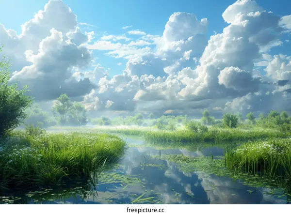 The river meanders through the green grassland