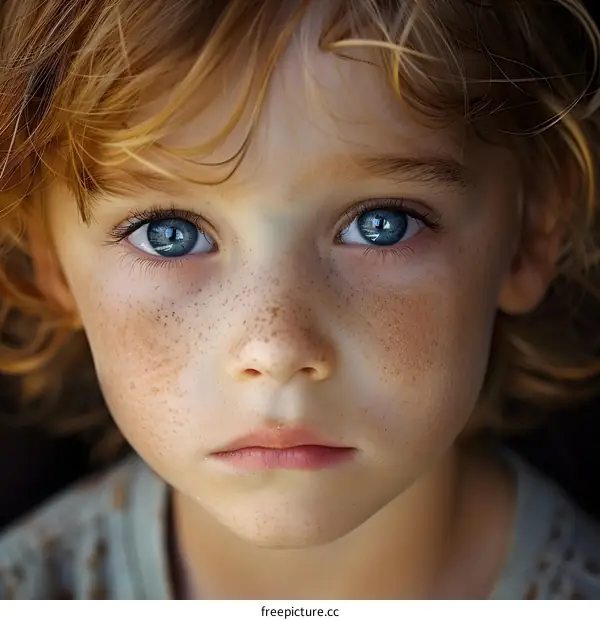 Portrait of a boy with freckles and blue eyes