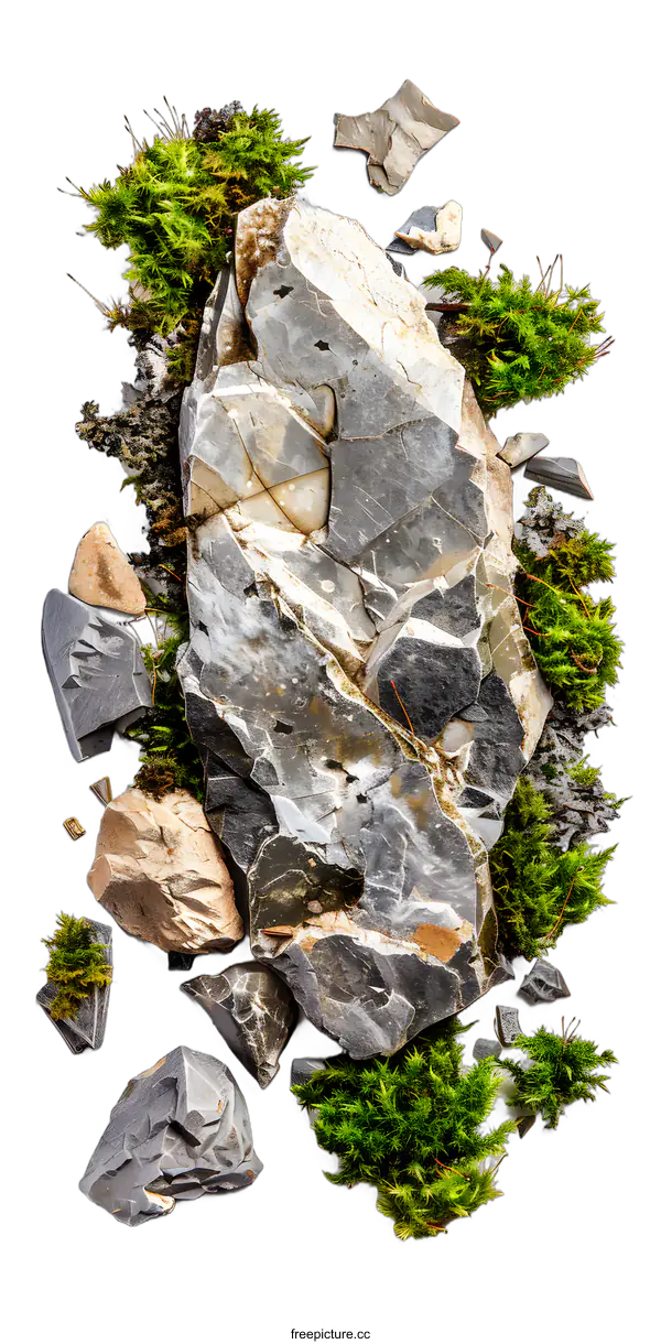 [Transparent Background PNG]Close Up of Rocks and Moss on White Background