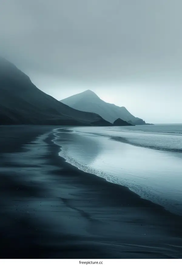 Black sand beach in Iceland with moody sky and dark ocean