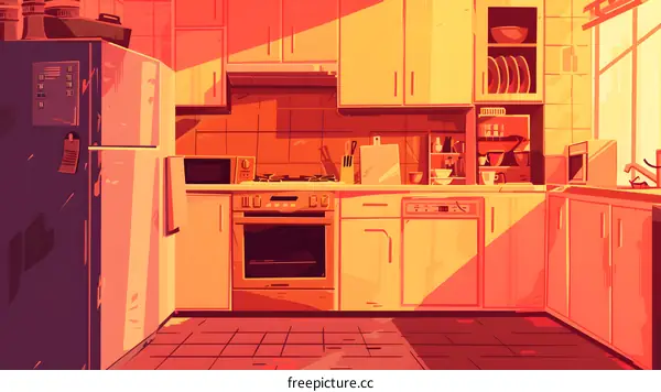 Modern Kitchen Illustration with Sunlight and Cabinets