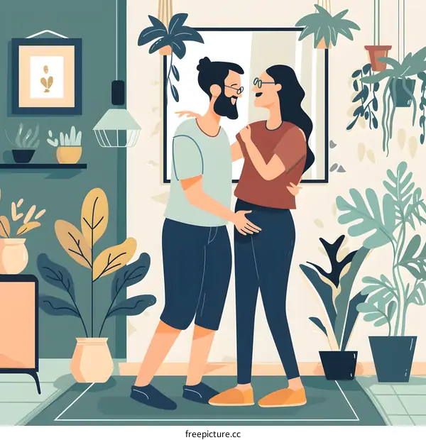 Couple Hugging in a Room with Plants