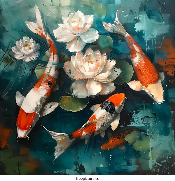 Four koi fish and white water lilies in a blue pond