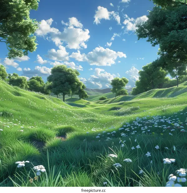 Meadow with White Flowers Under Blue Skies