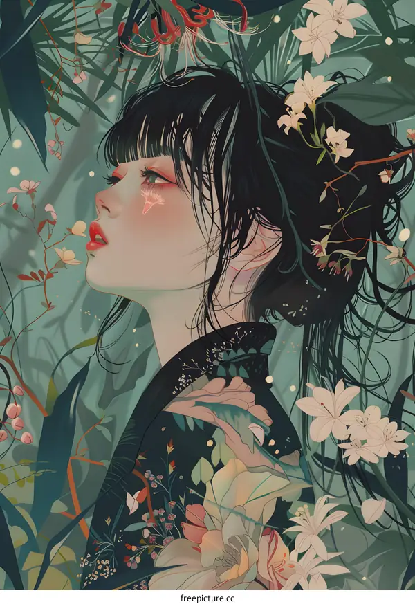 Digital Art Illustration of a Woman in a Garden