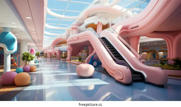 Pink and blue pastel color futuristic shopping mall interior