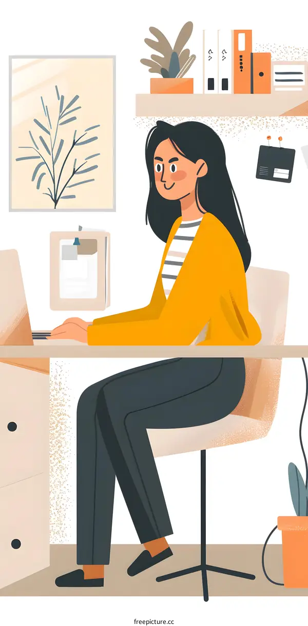 Woman Working At Her Desk in Office Illustration